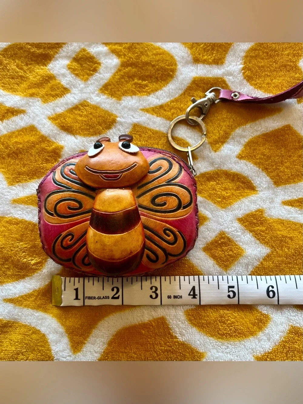Bee Coin Wallet Wristlet w/ Zipper, Wrist Strap & Keychain, Purple/Brown/Yellow
